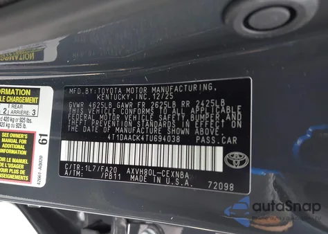 2026 Toyota Camry Le from USA, damaged, VIN 4T1DAACK4TU694038